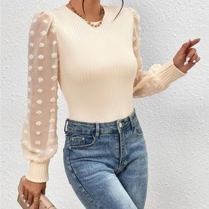 SHEIN - XS Contrast Swiss Dot Mesh Lantern Sleeve Bodysuit